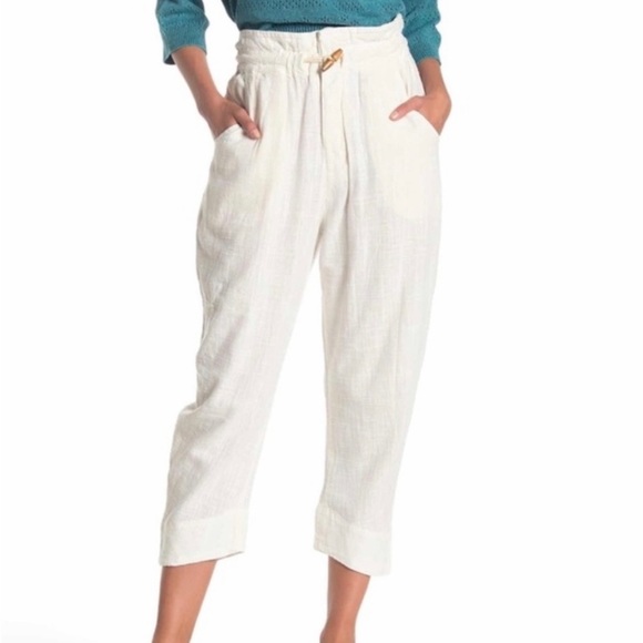 Free People Linen Cotton Blend Off White Cropped High Waist Trousers Pants XS - Picture 3 of 14